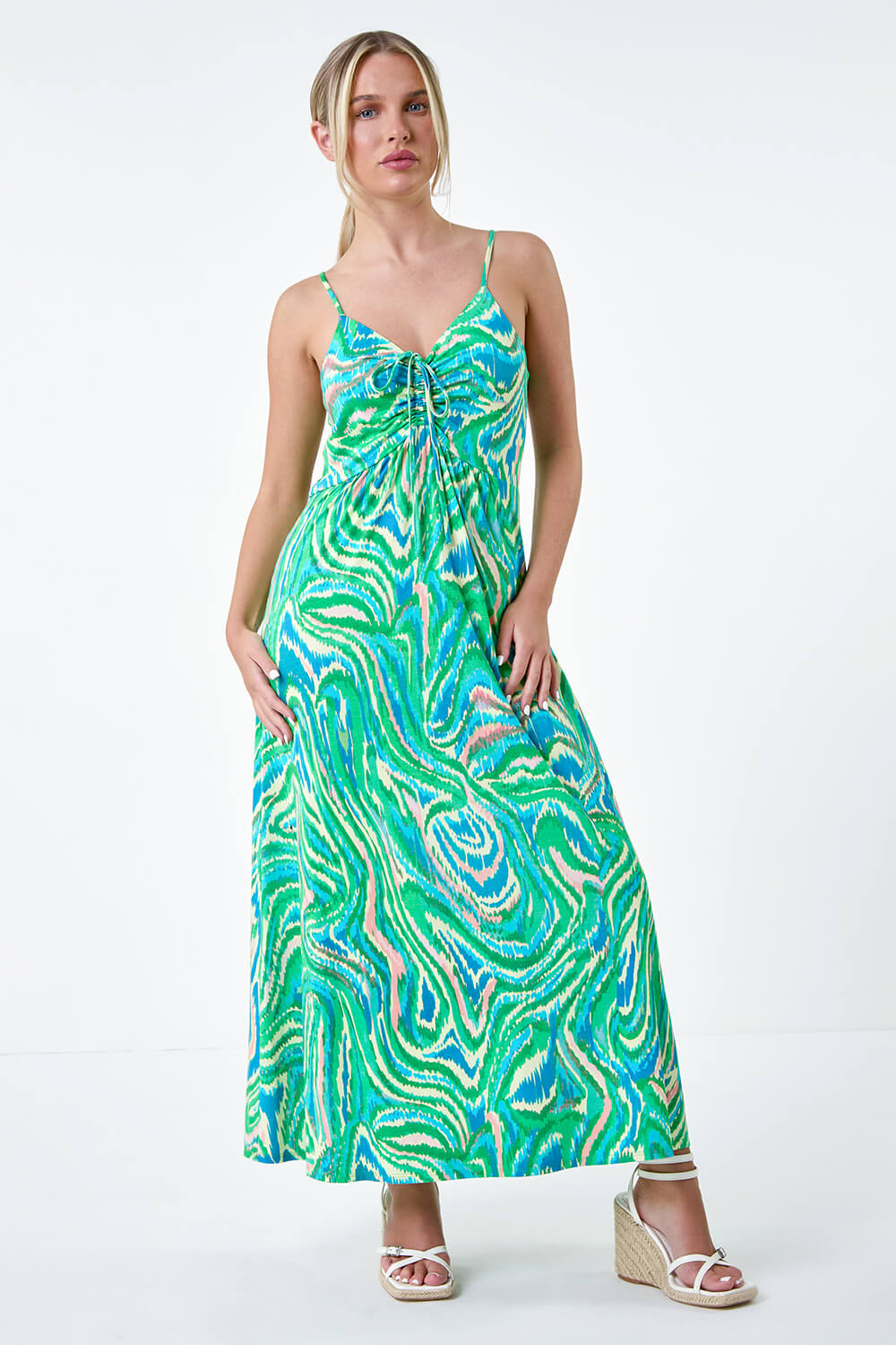 Green Petite Abstract Ruched Front Maxi Dress, Image 2 of 5