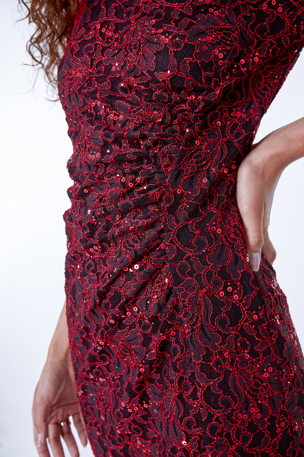 Red Embellished Ruched Lace Dress , Image 5 of 5