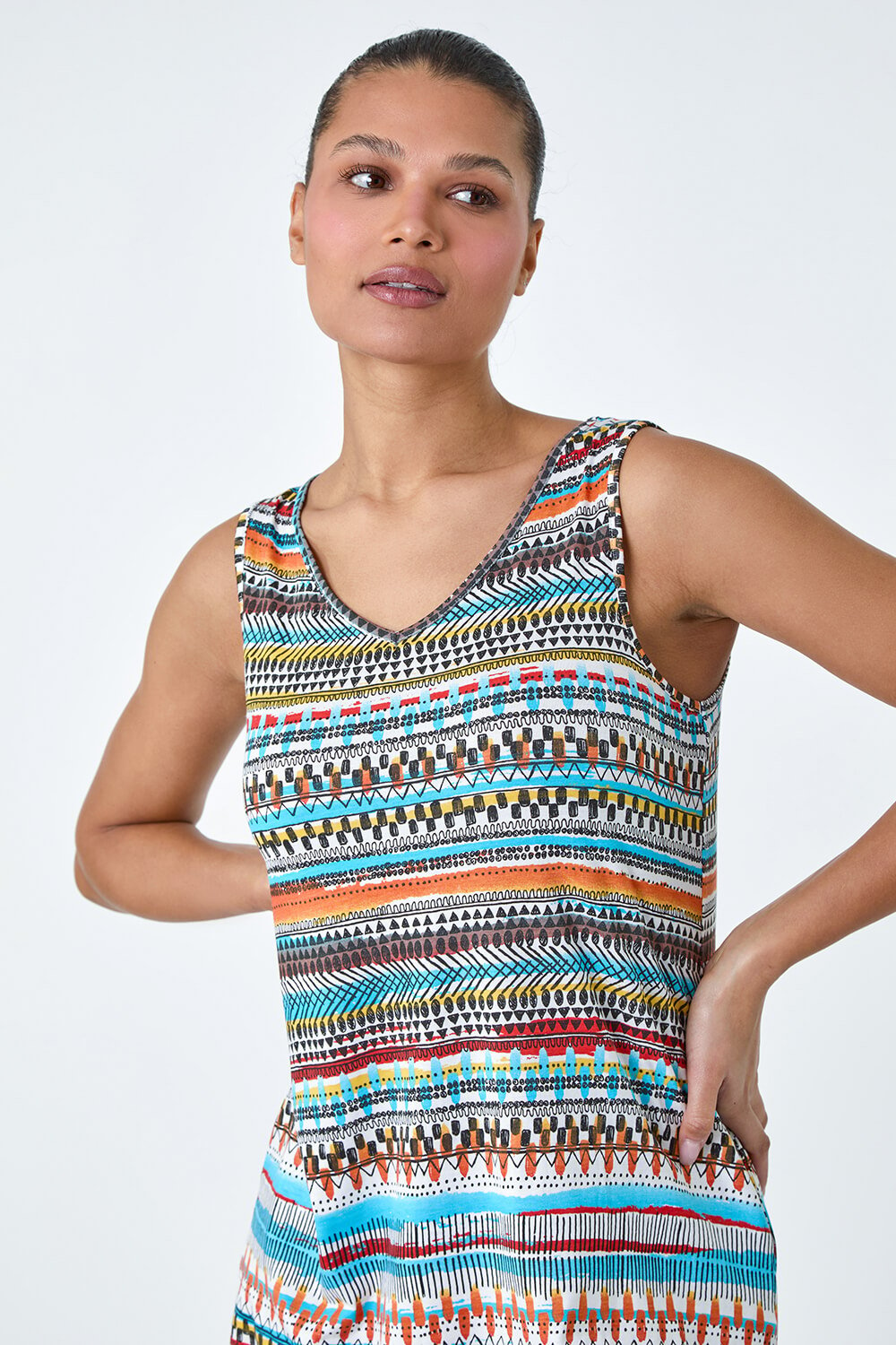ORANGE Aztec Stripe Stretch Pocket Swing Dress, Image 4 of 5