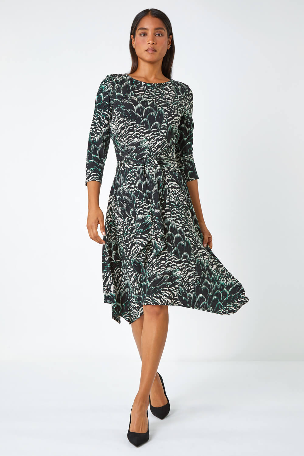 Black Abstract Print Tie Waist Stretch Dress , Image 2 of 5