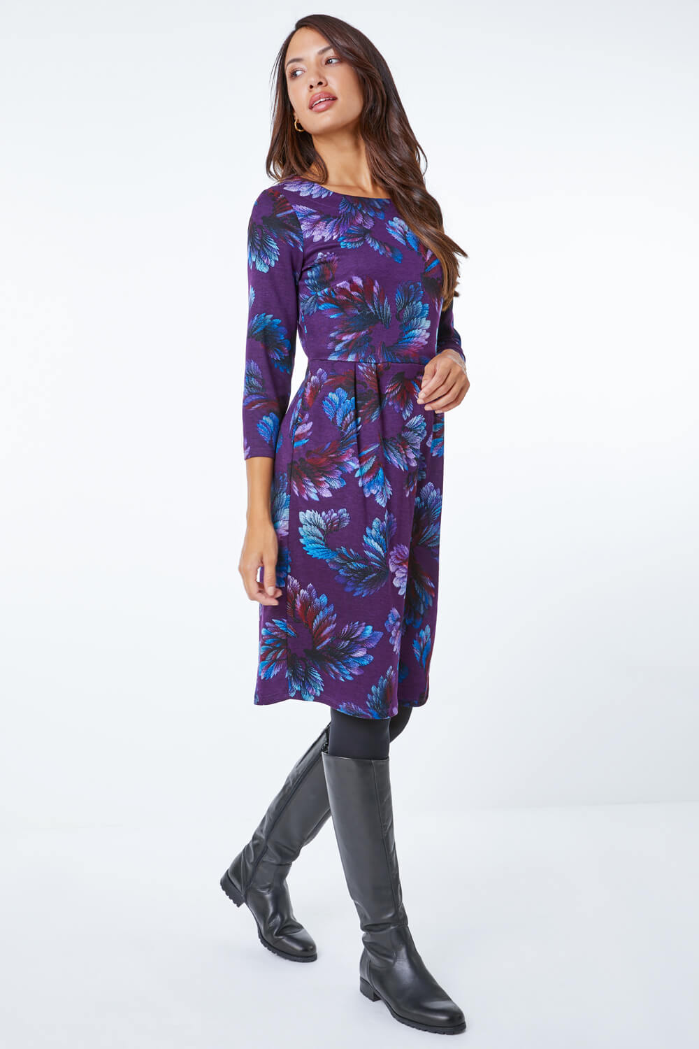 Purple Leaf Print Pocket Shift Dress, Image 2 of 5