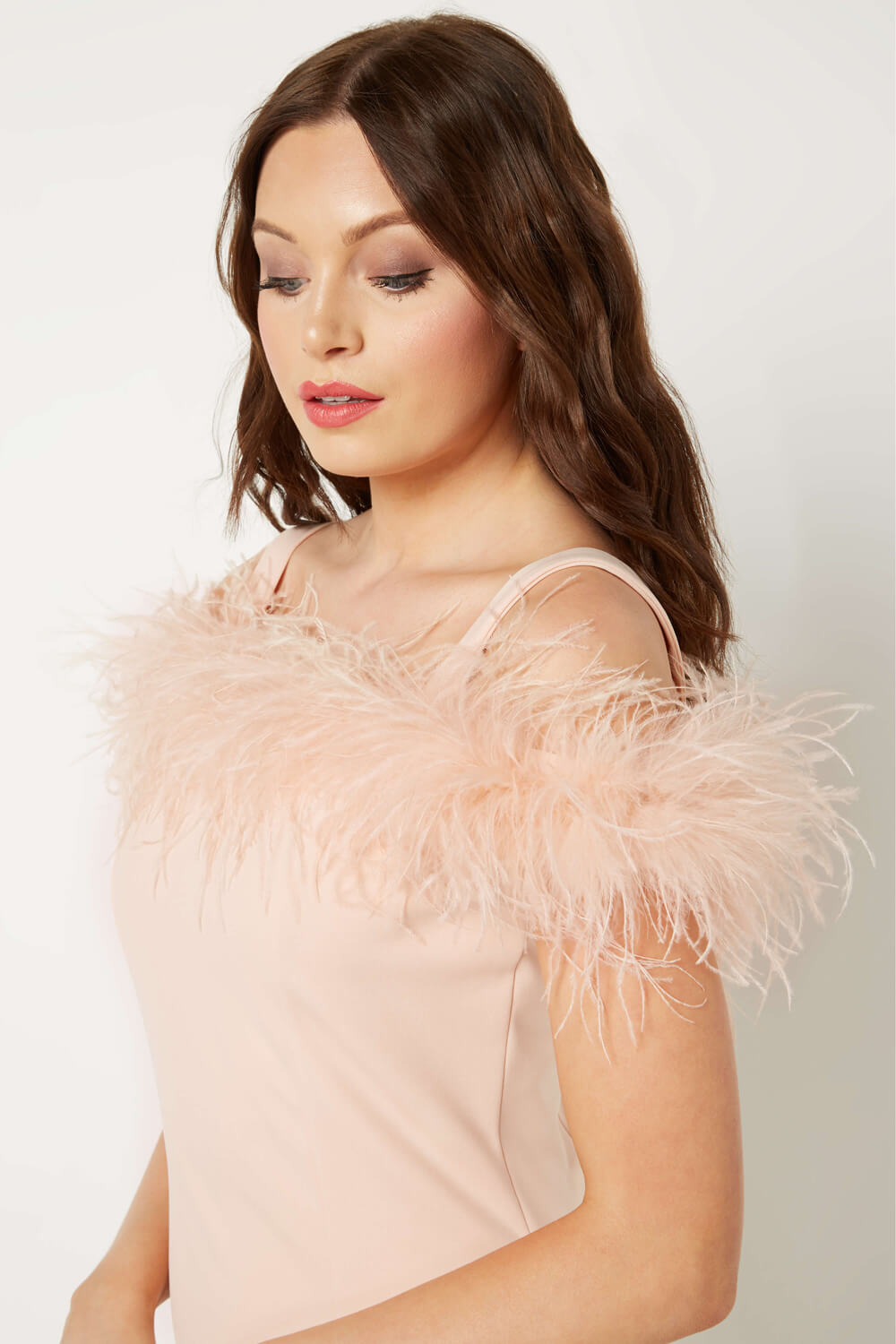 Light Pink Feather Trim Cold Shoulder Dress, Image 4 of 5