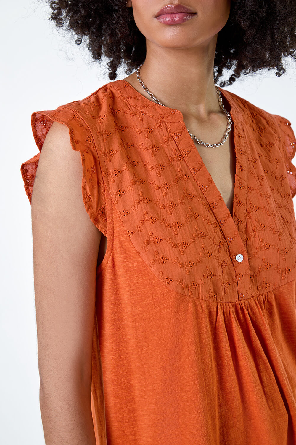 ORANGE Embroidered Frill Cotton Blend V-Neck Vest Top, Image 5 of 5