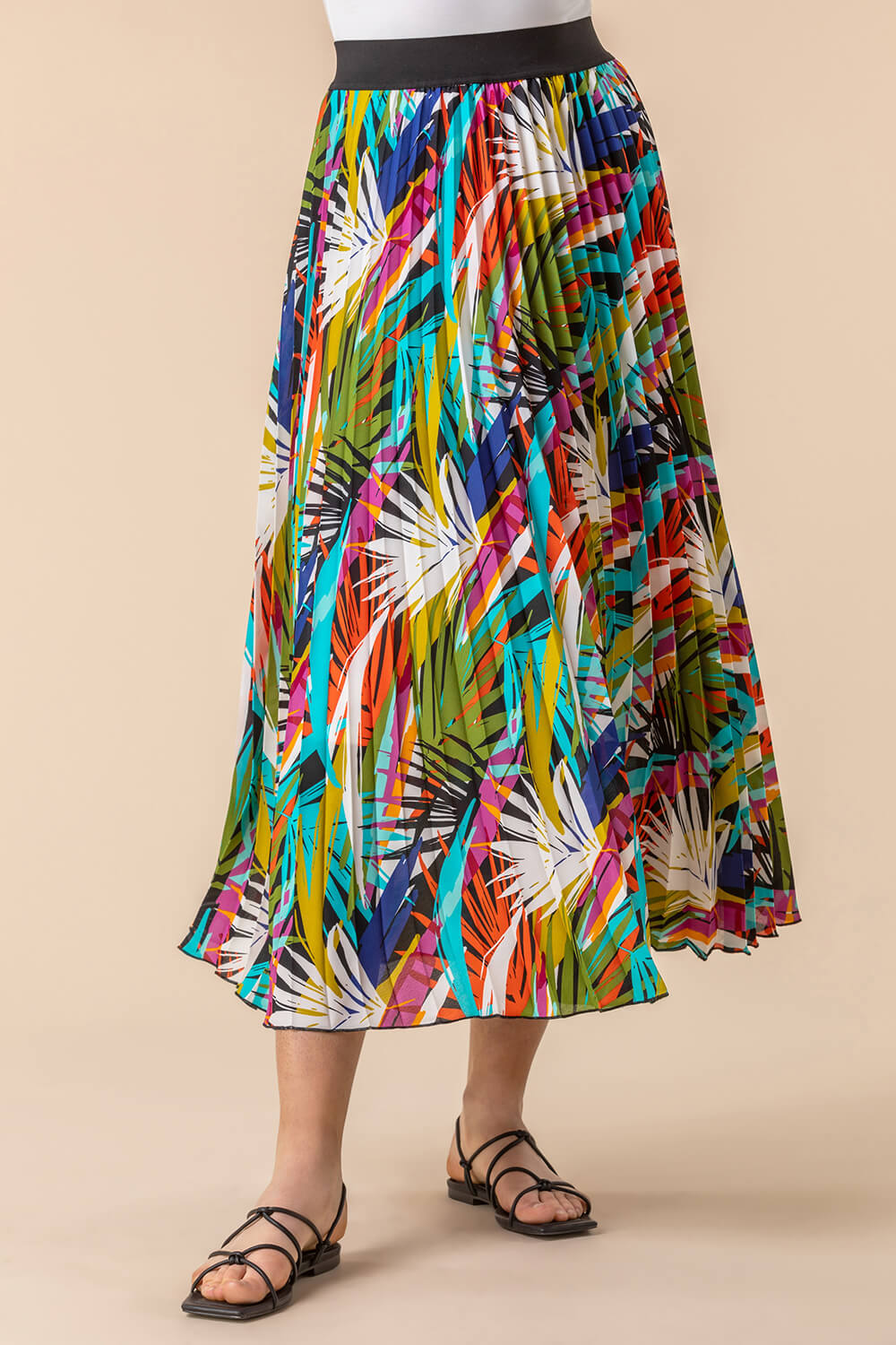 Tropical Leaf Print Pleated Maxi Skirt in Multi - Roman Originals UK
