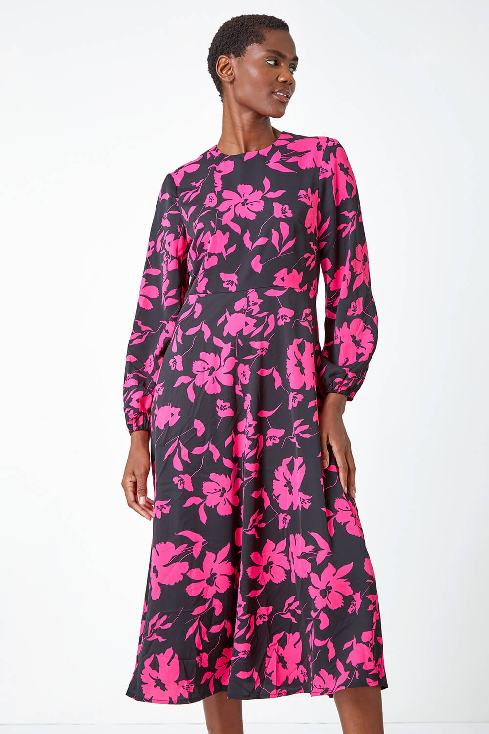 Fuchsia Floral Contrast Print Midi Dress, Image 2 of 5