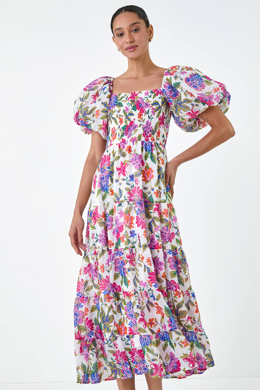 PINK Floral Tiered Puff Sleeve Midi Dress, Image 4 of 5