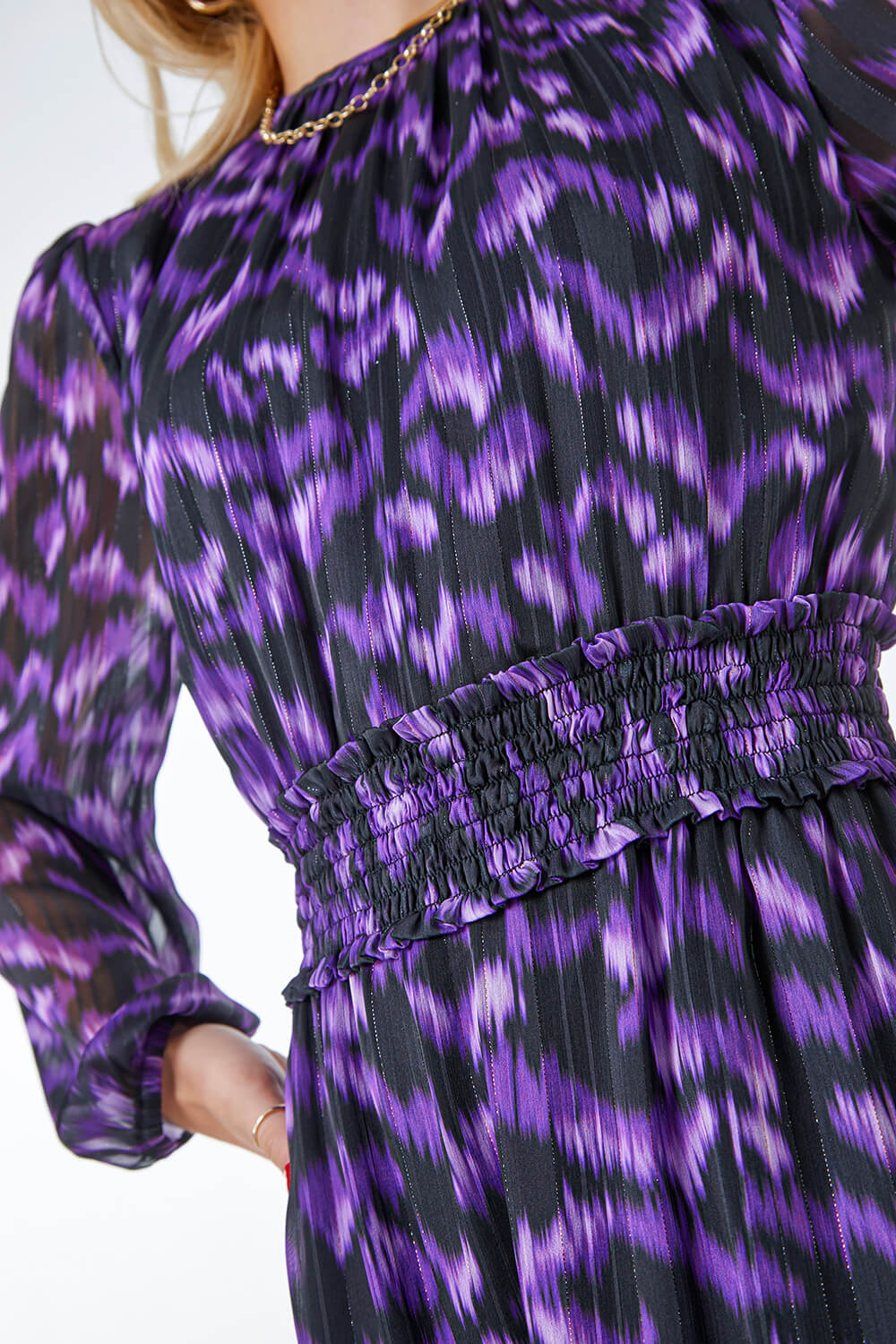 Purple Abstract Animal Shirred Midi Dress, Image 5 of 5