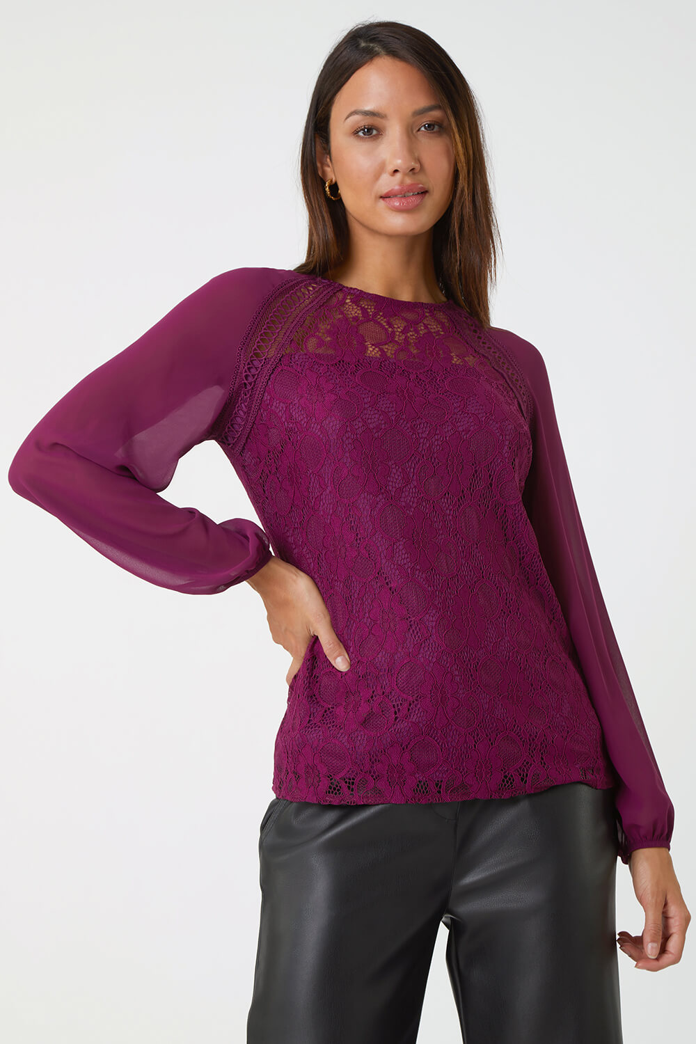 Lace Detail Chiffon Sleeve Stretch Top