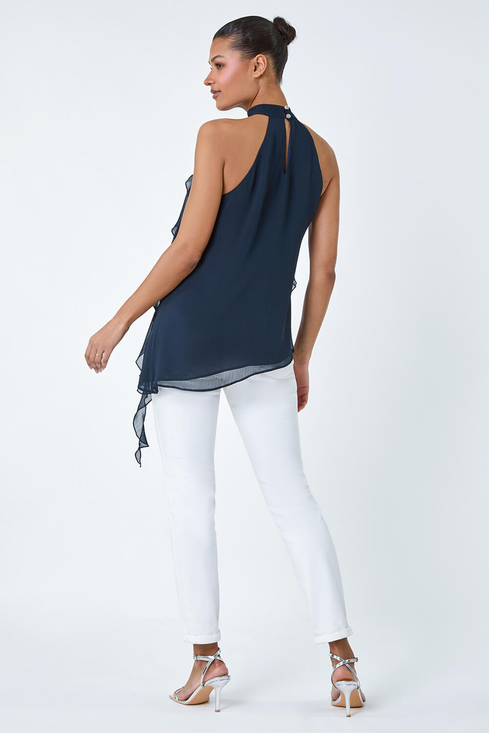 Navy  Halterneck Asymmetric Frill Detail Top, Image 3 of 5