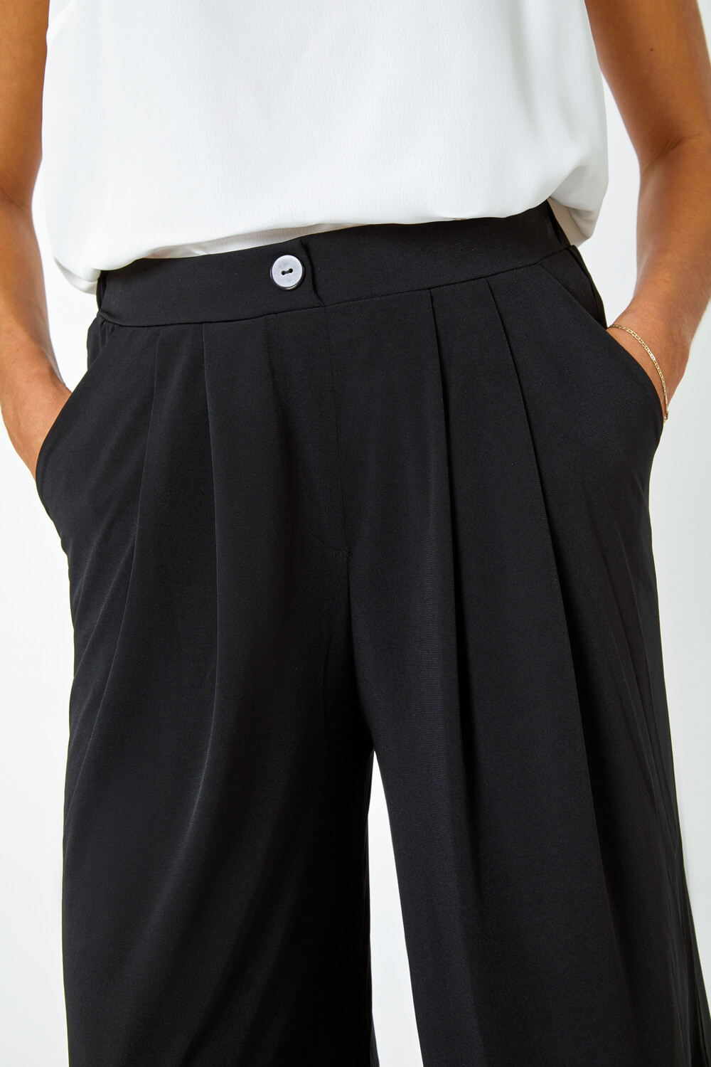 Black Button Detail Wide Leg Stretch Trousers, Image 5 of 5