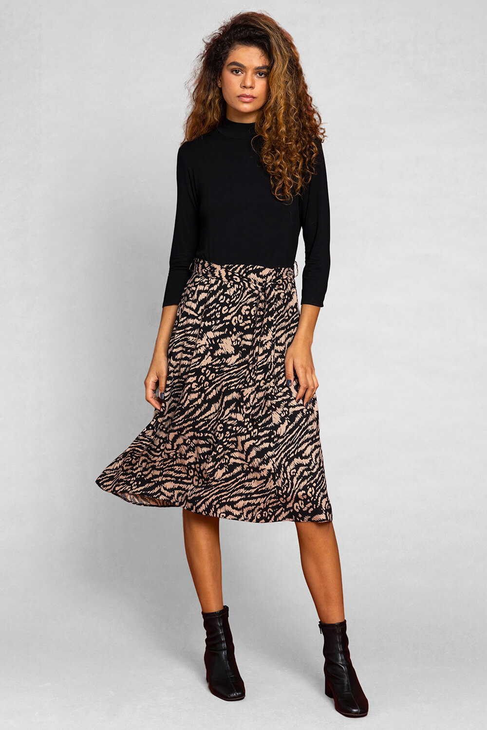 Black Tiger Print Fit And Flare Dress, Image 3 of 5