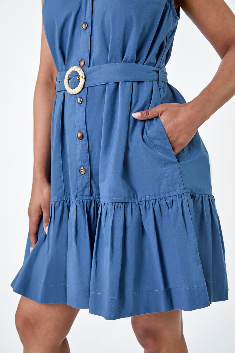 Navy Petite Belt Detail Frill Cotton Shirt Dress | Roman UK