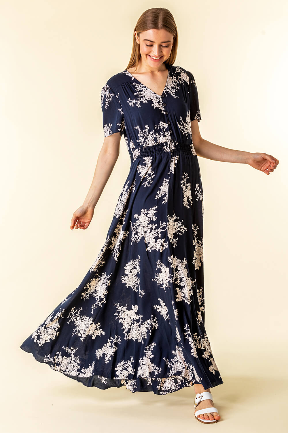 Floral Print Shirred Waist Maxi Dress In Navy Roman Originals Uk