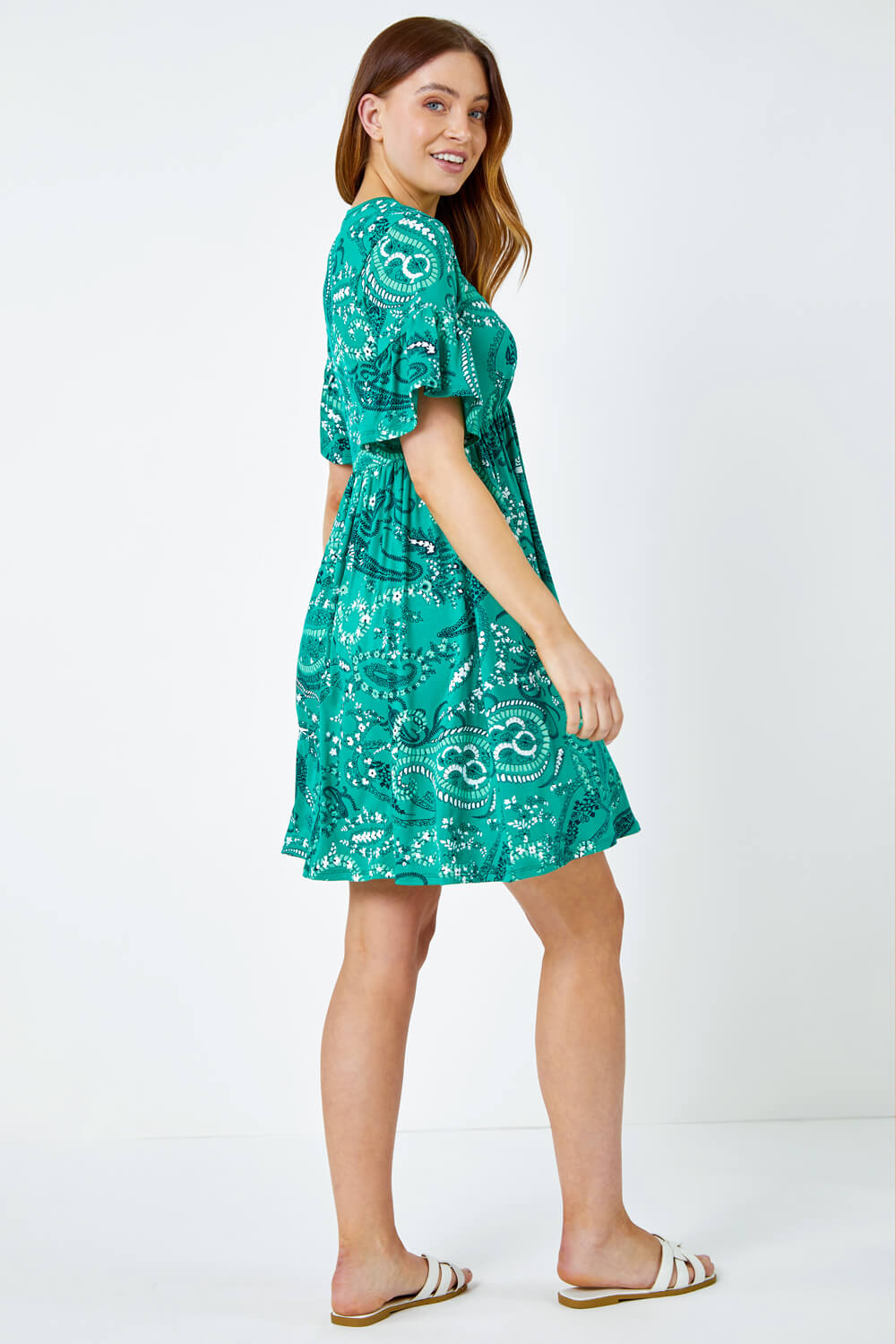 Green Paisley Print Frill Sleeve Dress, Image 3 of 5
