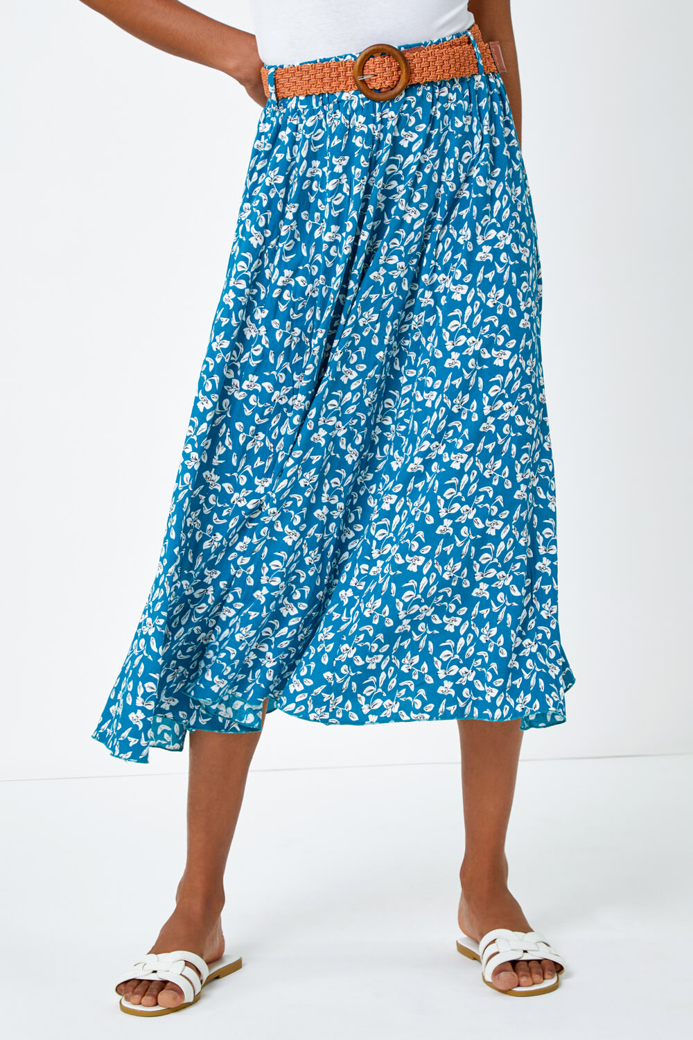 Petrol Blue Ditsy Floral Print Belted Midi Skirt, Image 2 of 5