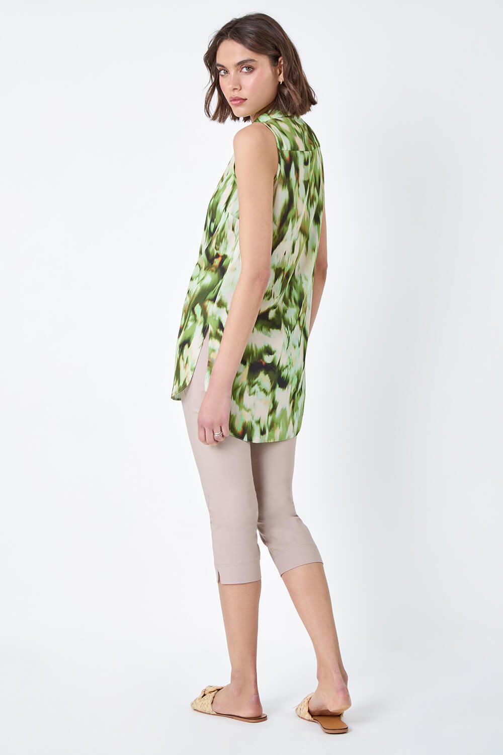 Green Abstract Print Sleeveless Button Blouse, Image 3 of 5