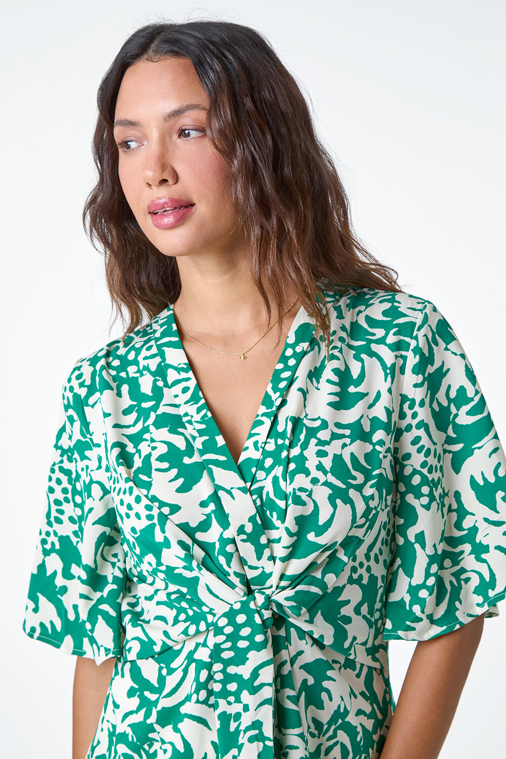 Green Floral Print Wrap Tie Top, Image 4 of 5