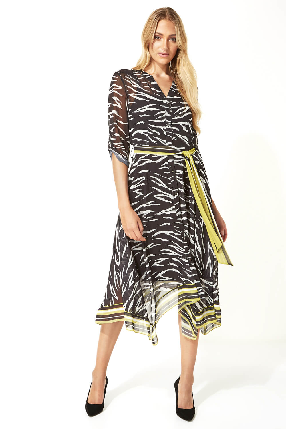 Black Zebra Print Chiffon Shirt Midi Dress, Image 2 of 4
