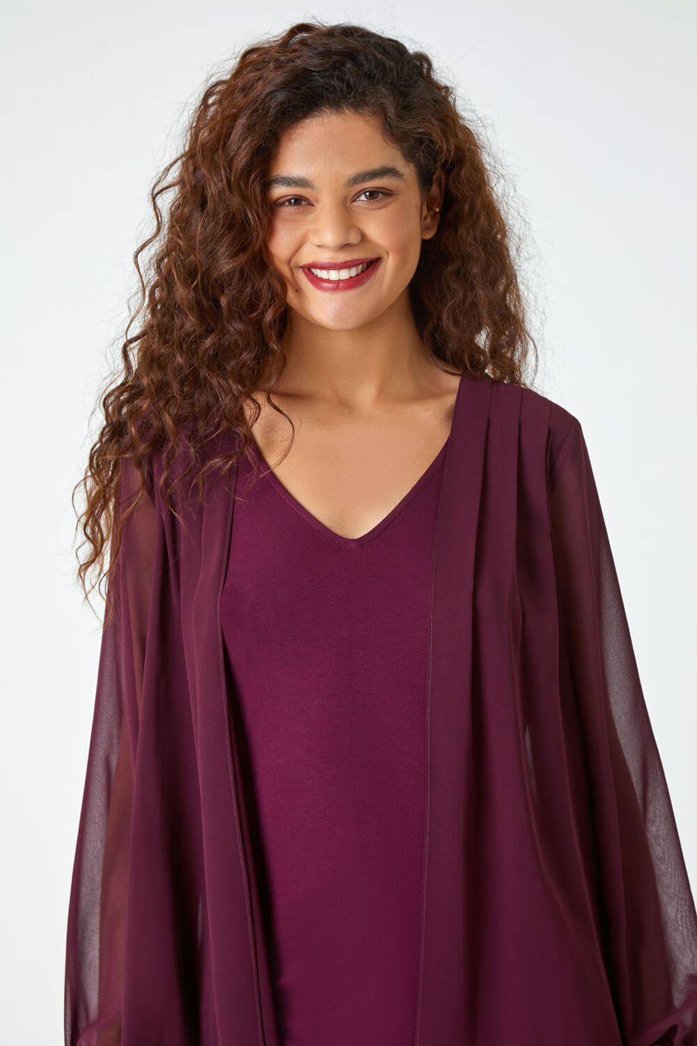 Wine Contrast Chiffon Overlay Stretch Top, Image 4 of 5