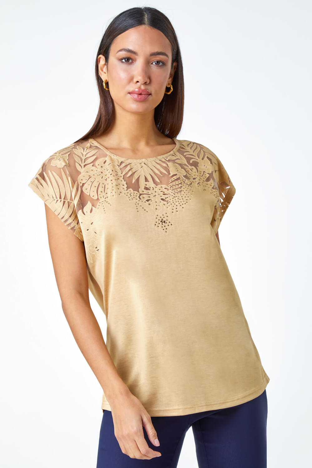 Gold Embellished Palm Print Cut Out T-Shirt, Image 2 of 5