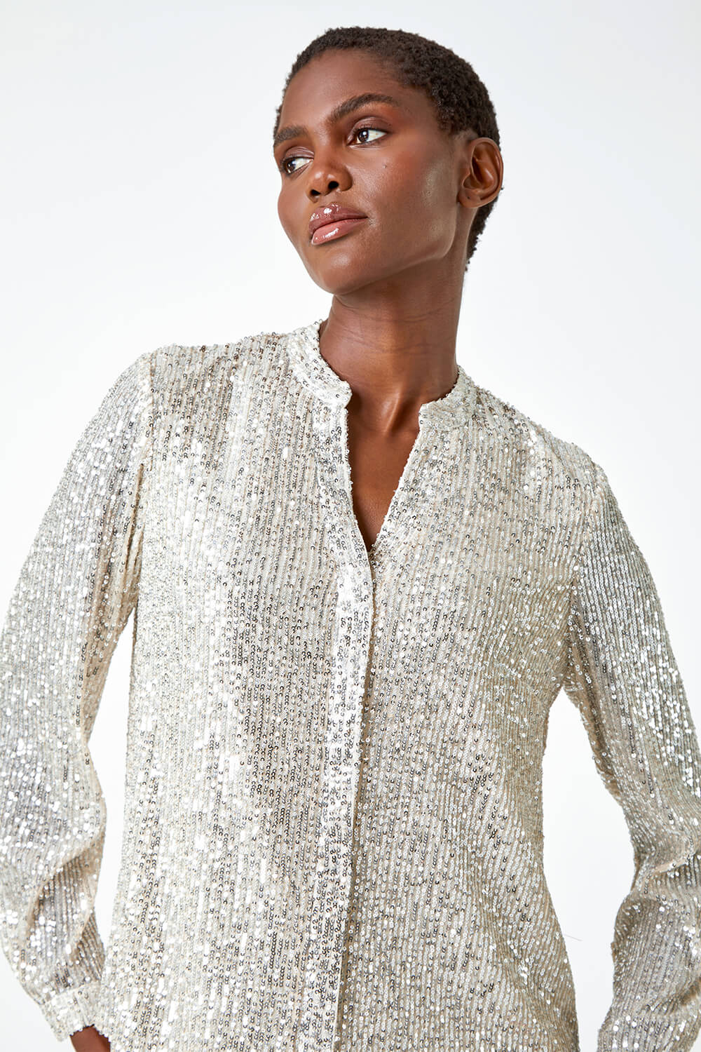 Silver Embellished Sequin Stretch Blouse | Roman UK