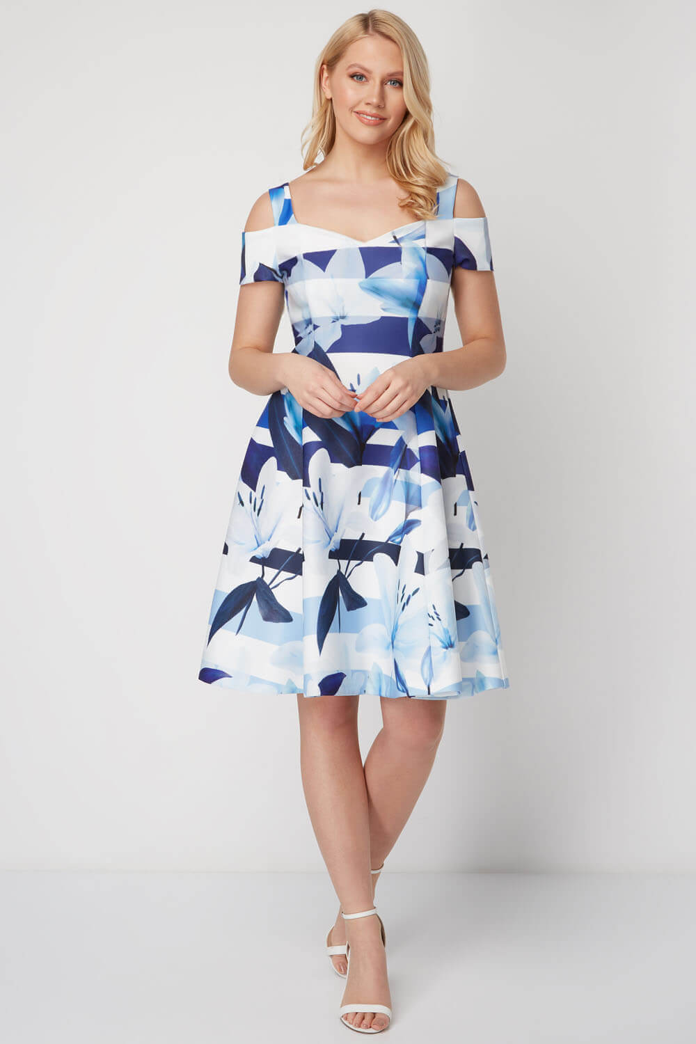 Blue Floral Stripe Fit and Flare Dress , Image 2 of 5