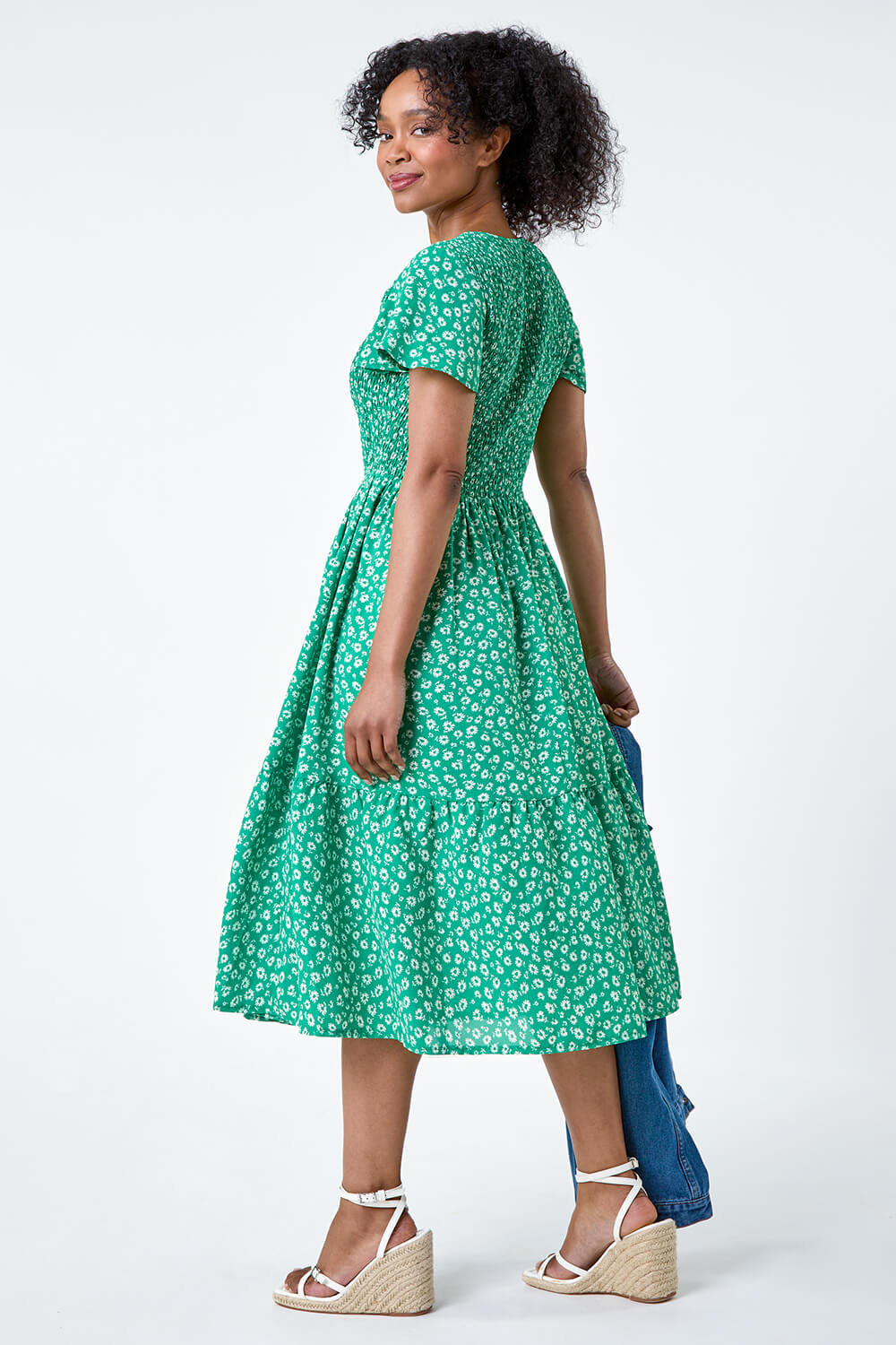 Green Petite Ditsy Floral Shirred Midi Dress, Image 3 of 5