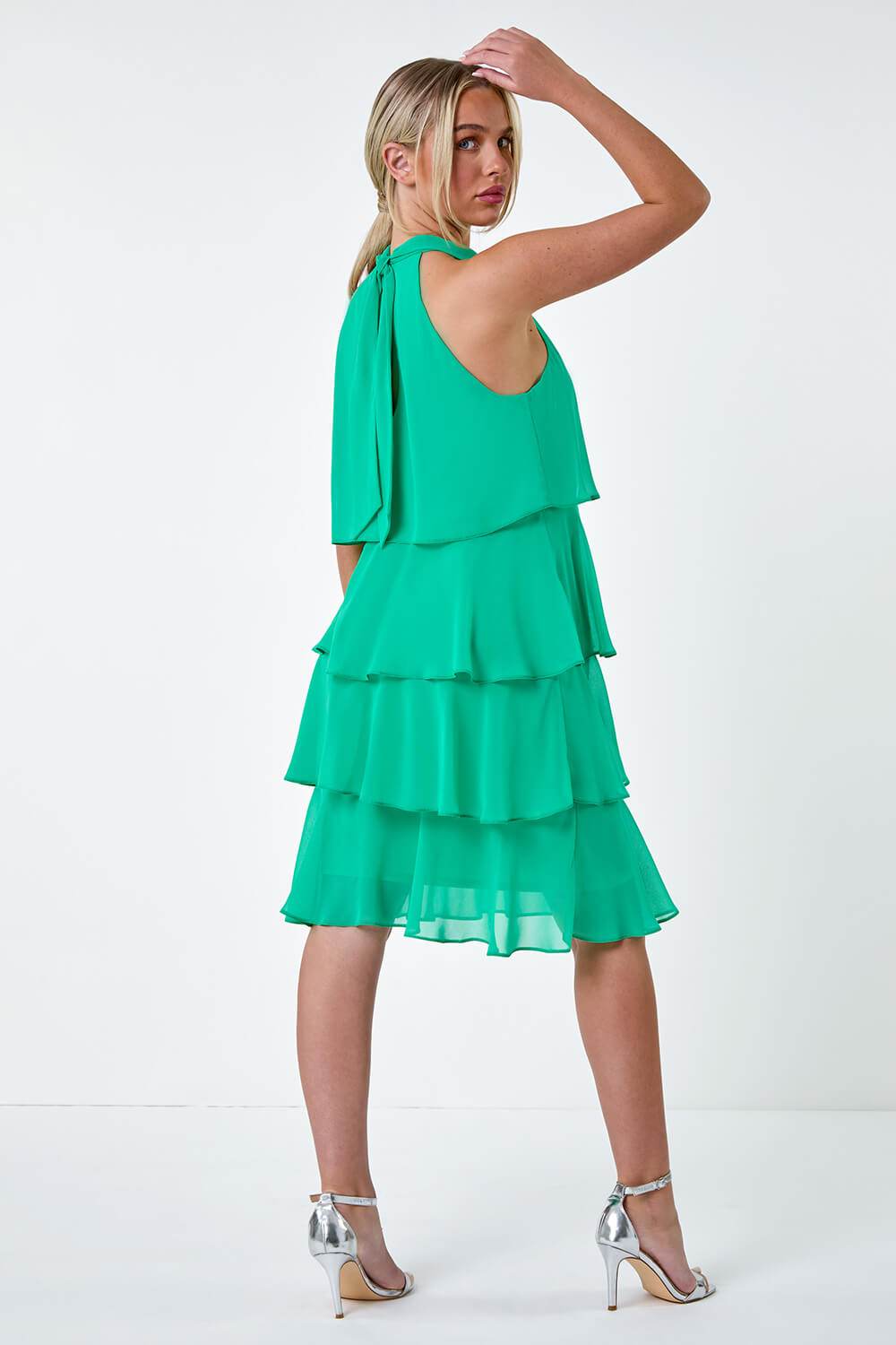 Green Petite Tie Neck Tiered Dress, Image 3 of 5