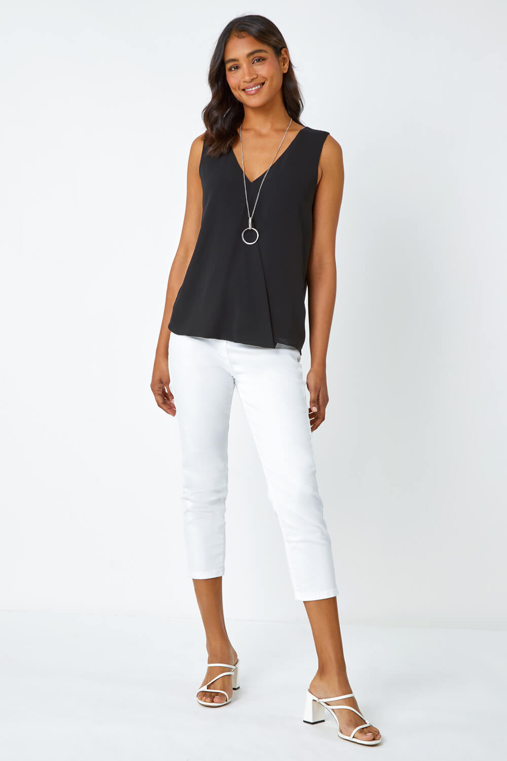Black Sleeveless Vest Top with Necklace, Image 2 of 5