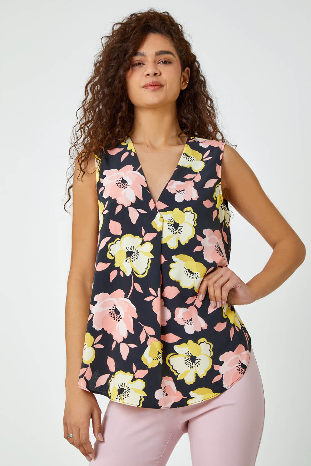 Yellow Sleeveless Floral Pleat Front Top, Image 2 of 5