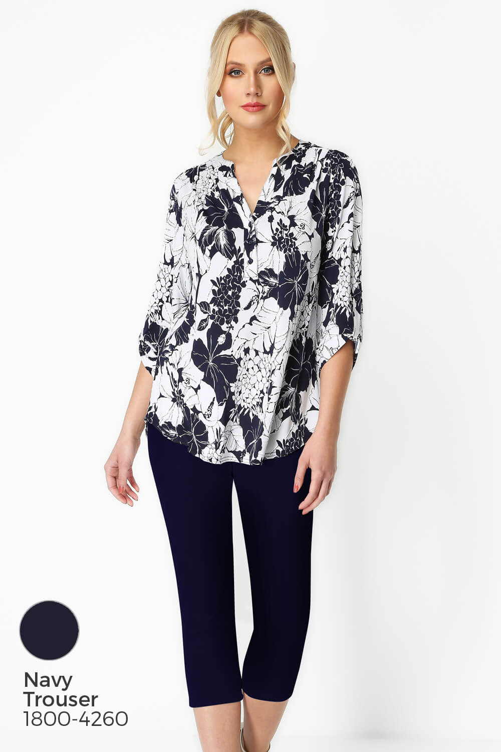 Navy  Floral Print 3/4 Sleeve Button Through Top, Image 8 of 8