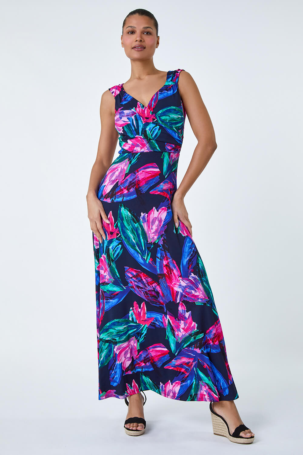 Fuchsia Tropical Floral Print Wrap Maxi Dress, Image 2 of 5