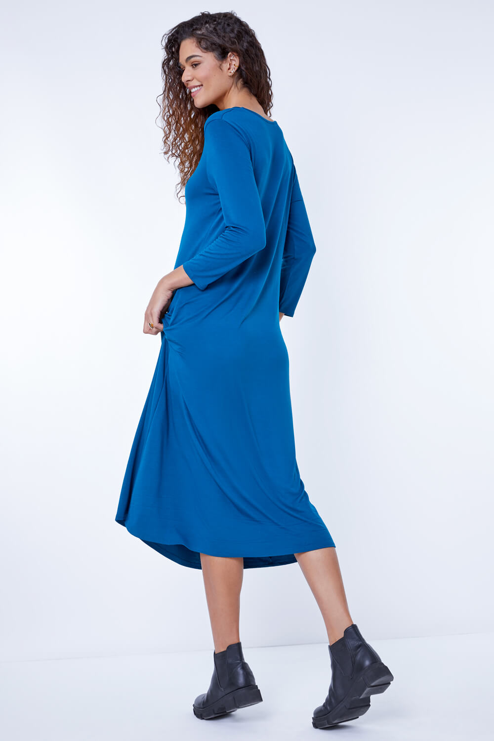Teal Stretch Pocket Detail Midi Dress, Image 3 of 5
