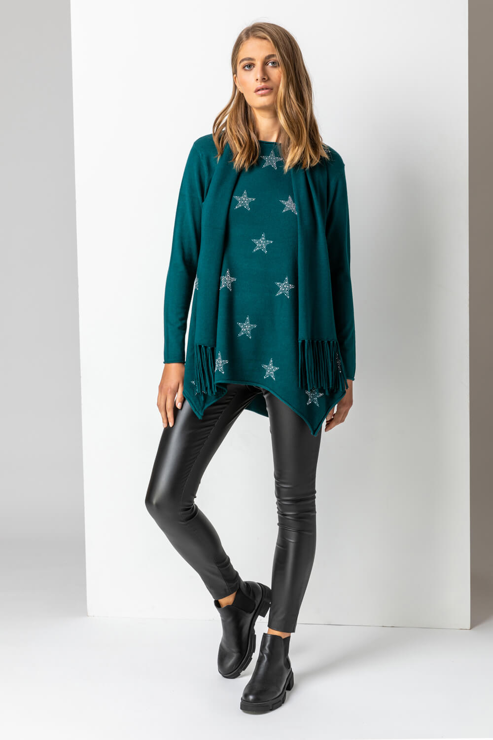Teal Star Print Knitted Tunic with Tassel Scarf, Image 3 of 5