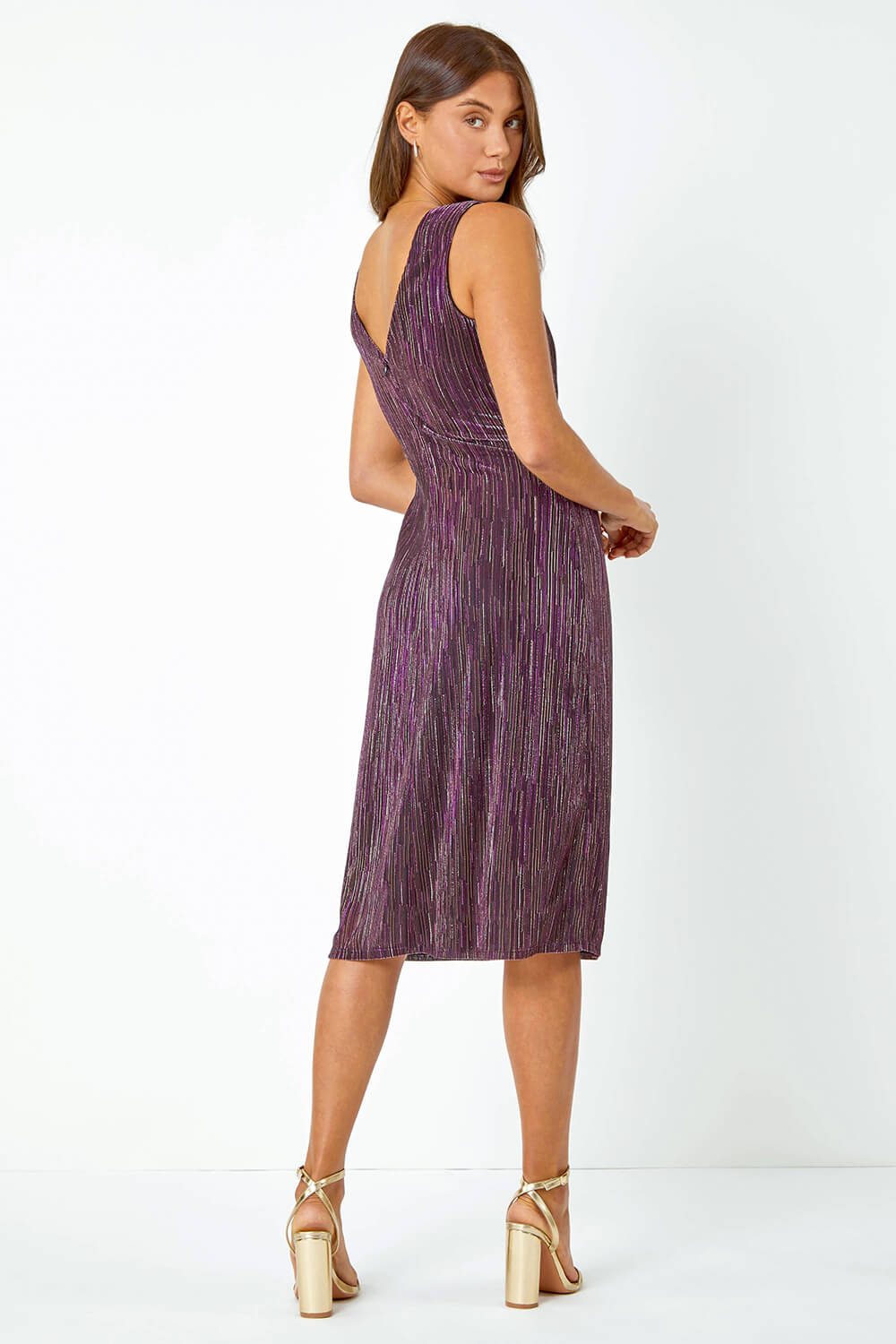 Purple Shimmer Plisse Side Twist Dress, Image 3 of 5