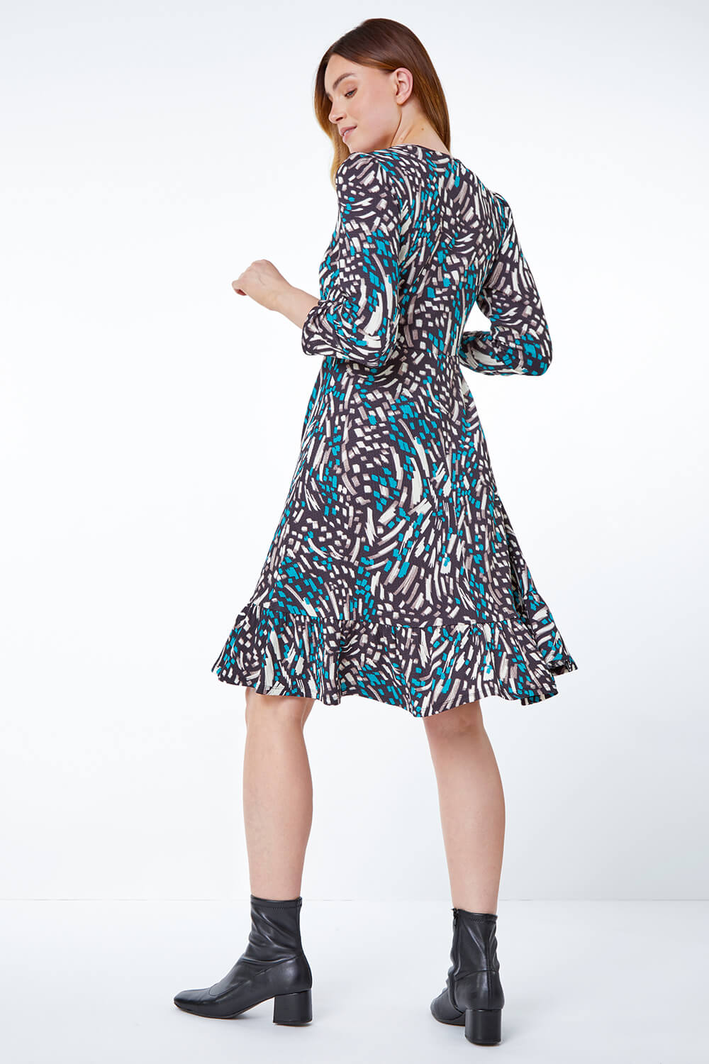Teal Abstract Frill Hem Dress, Image 3 of 5