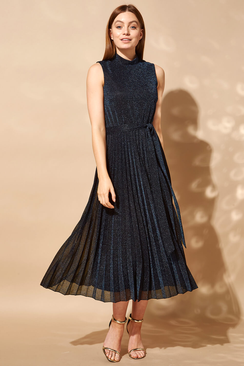 Shimmer Pleated Midi Dress in Midnight Blue - Roman Originals UK