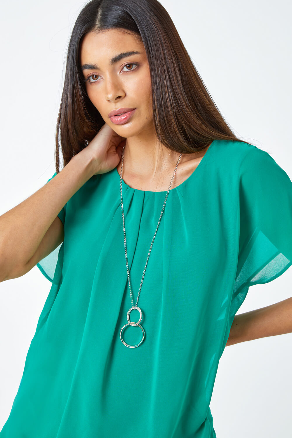 Jade Chiffon Jersey Blouson Top with Necklace, Image 4 of 5