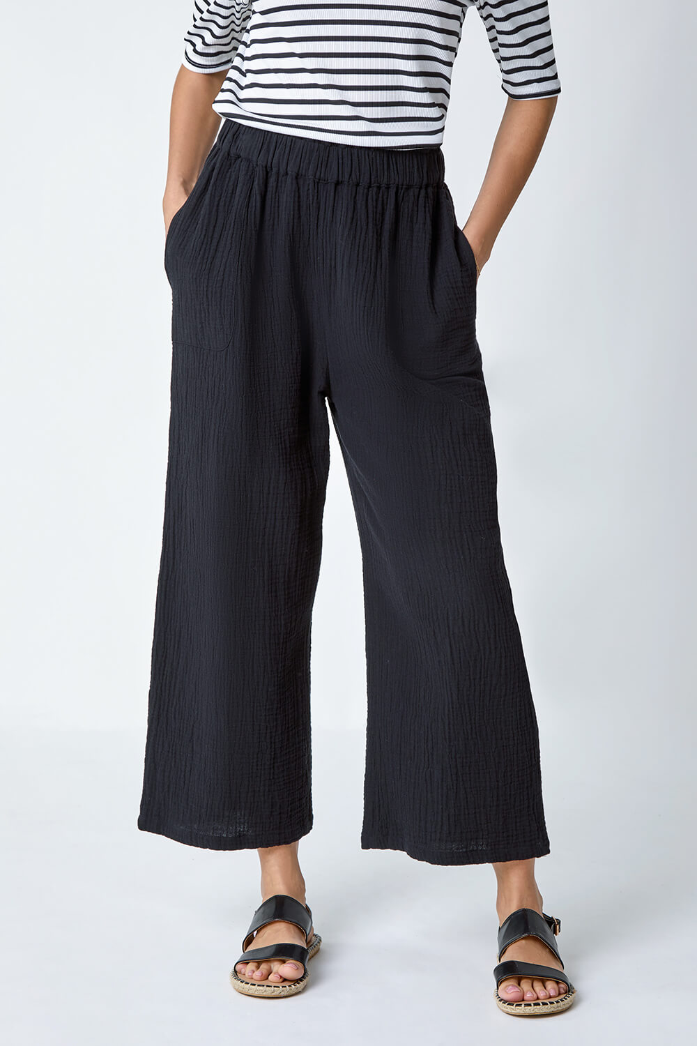 Black Textured Cotton Culotte Trousers, Image 4 of 5