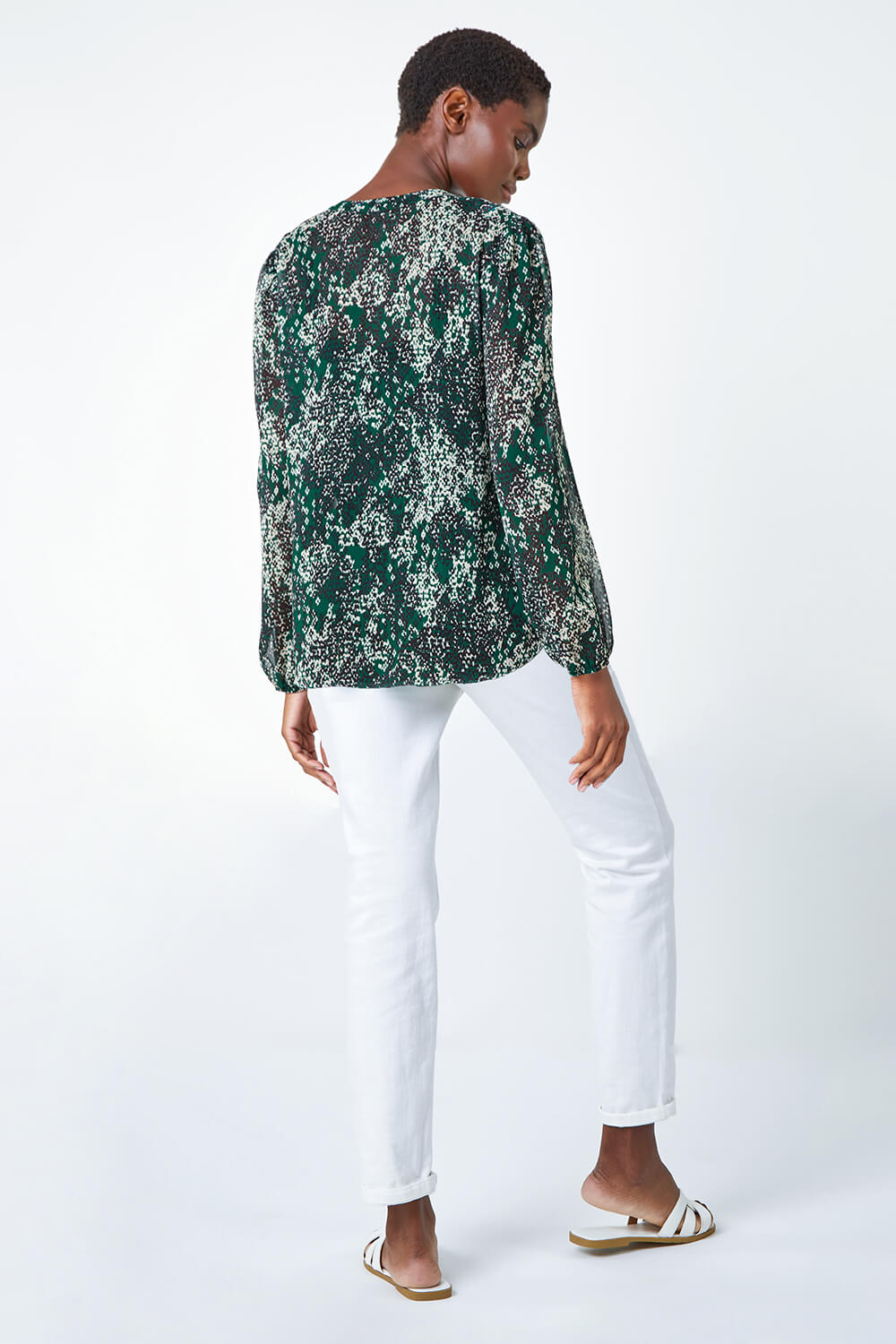 Green Animal Print Button Front Blouse, Image 3 of 5