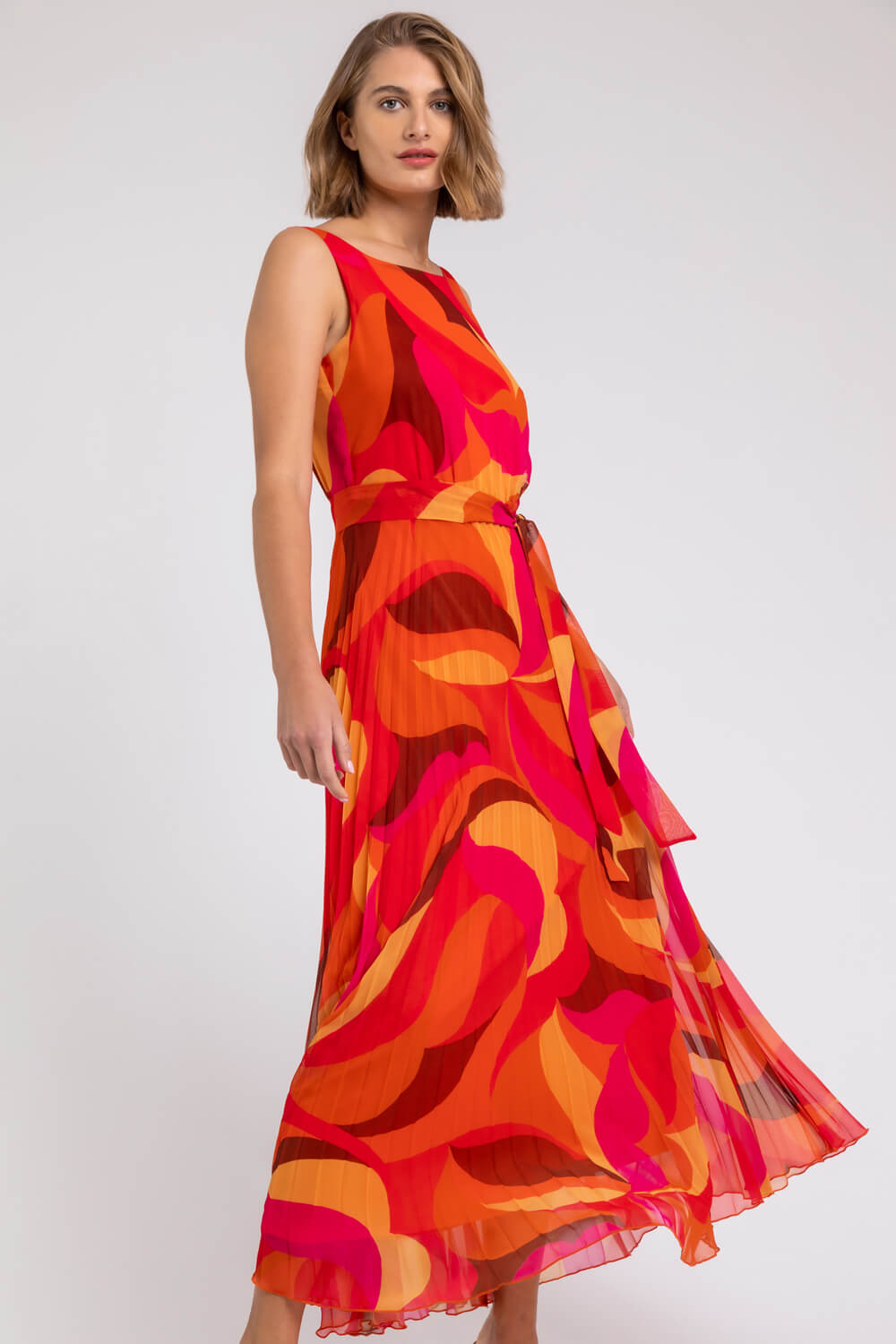 Abstract Print Pleated Maxi Dress in Orange - Roman Originals UK