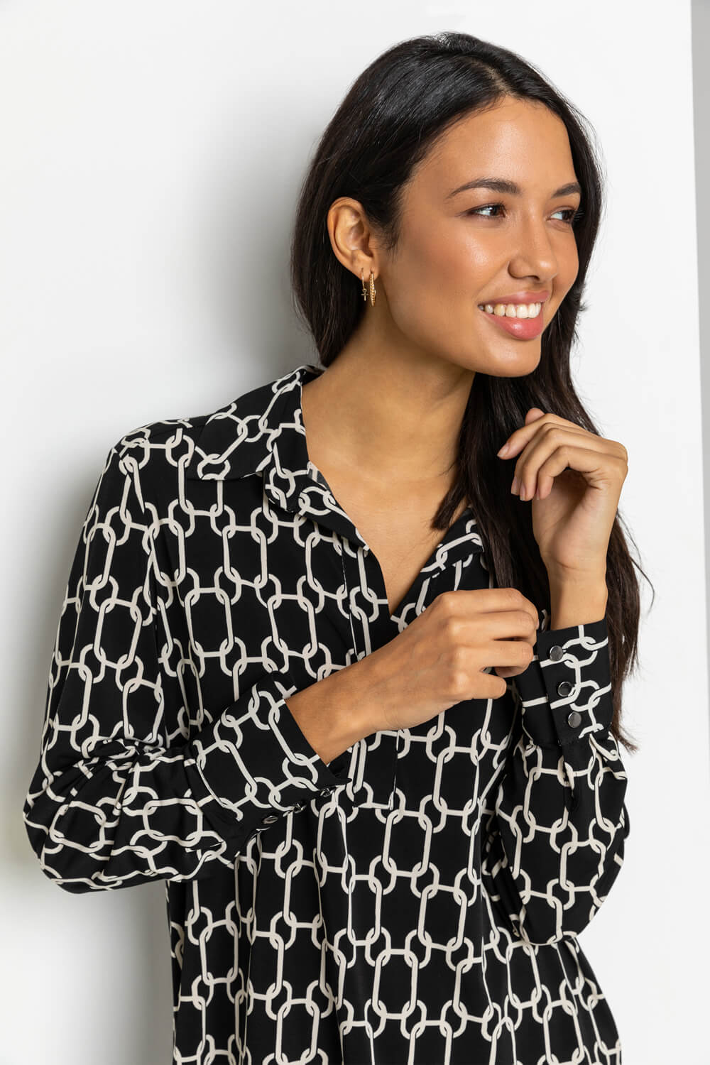 Black Chain Print Long Sleeve Collared Jersey Blouse, Image 5 of 5