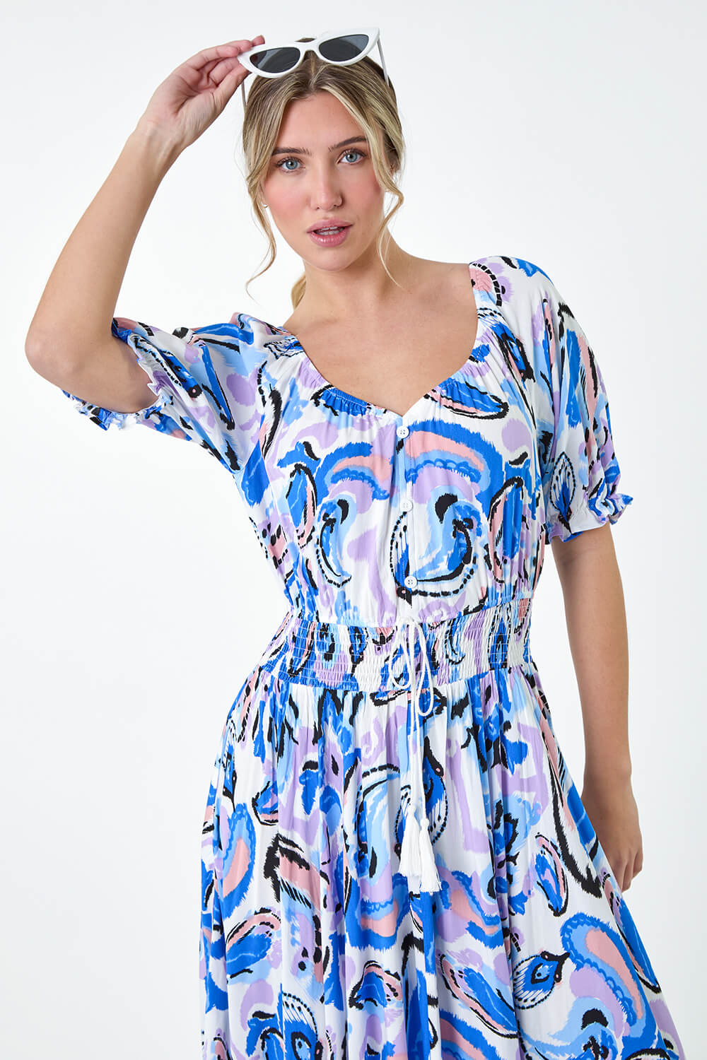 Blue Shirred Waist Abstract Print Maxi Dress, Image 4 of 5