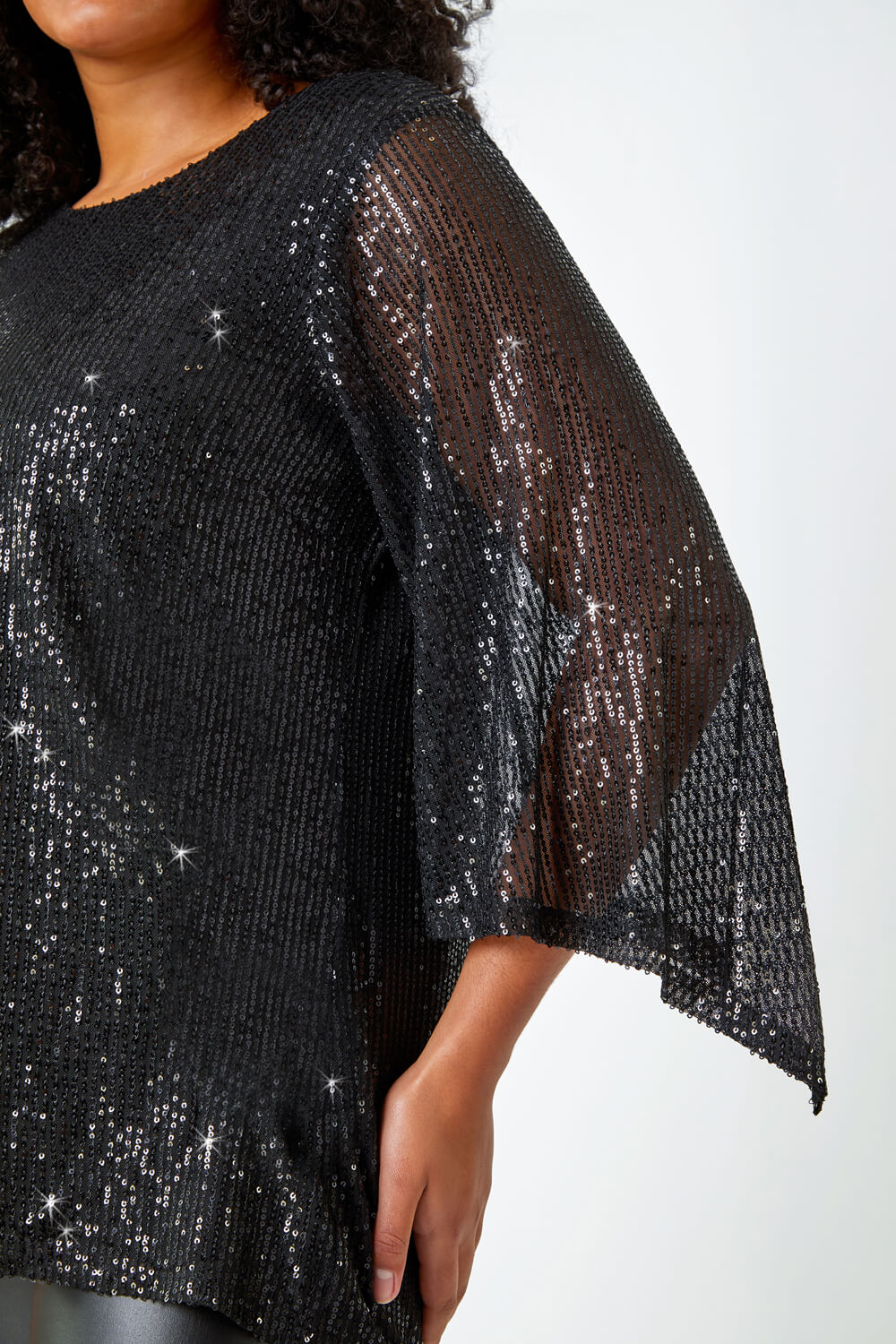 Black Curve Sheer Sleeve Sequin Top, Image 5 of 7