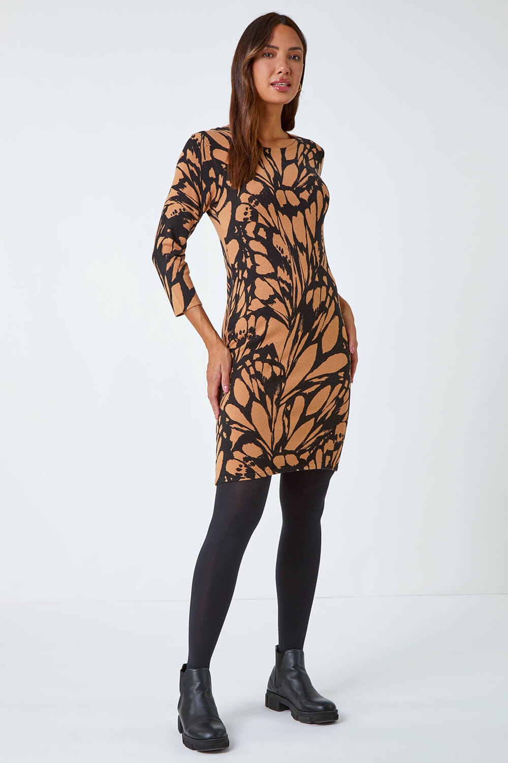 Camel  Butterfly Print Knitted Stretch Dress, Image 2 of 5