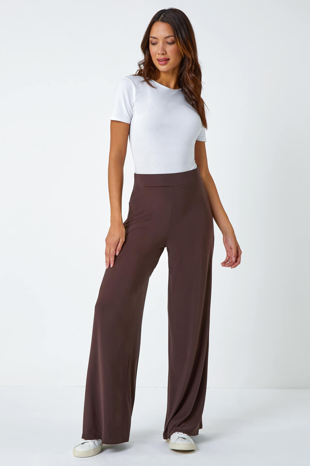 Chocolate Wide Leg Stretch Trousers, Image 2 of 5
