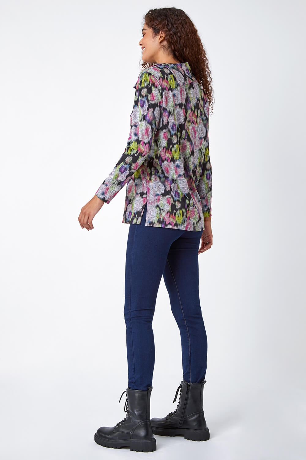 Grey Floral Print Fold Neck Stretch Top, Image 5 of 5
