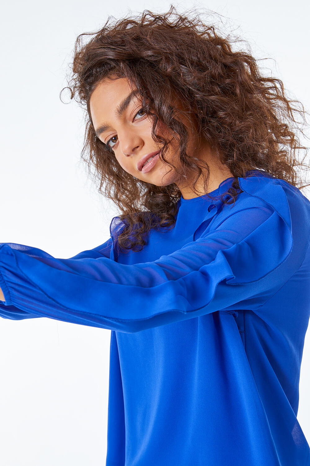 Royal Blue Petite Frill Sleeve Top, Image 2 of 5