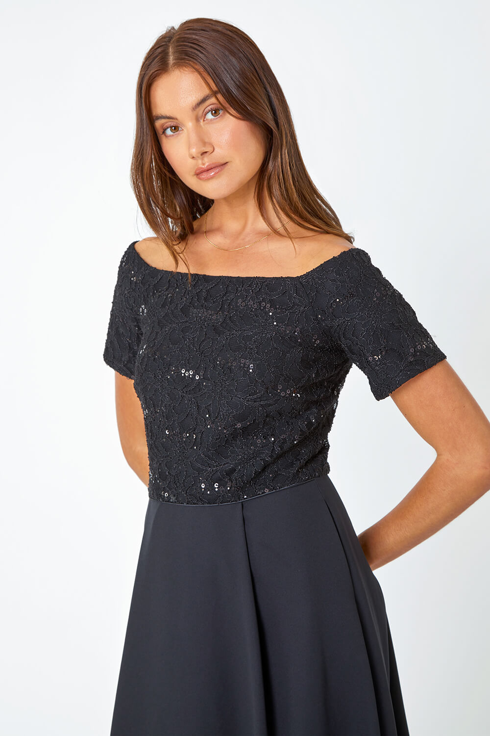 Black Lace Bardot Midi Stretch Dress, Image 4 of 5