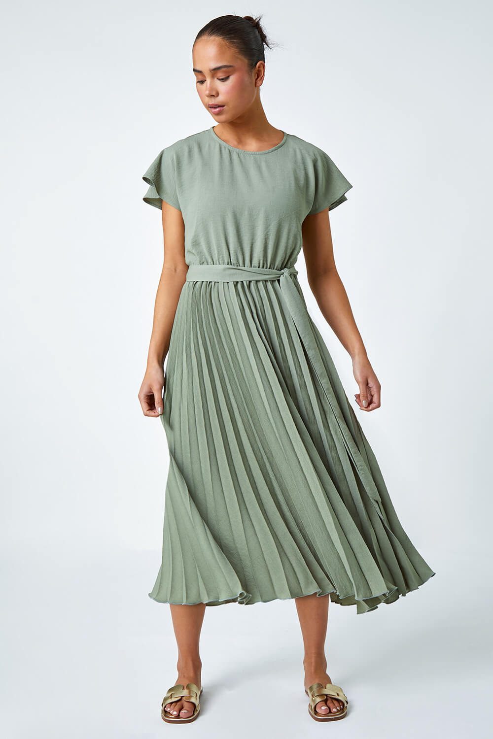 KHAKI Petite Plain Pleated Skirt Midi Dress, Image 2 of 5